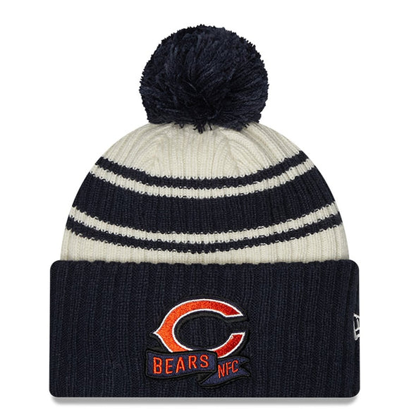 Men's Chicago Bears New Era Cream/Navy 2022 Sideline Sport Cuffed Pom Knit Hat