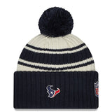 Men's Houston Texans New Era Cream/Navy 2022 Sideline Sport Cuffed Pom Knit Hat