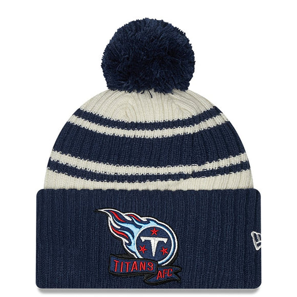 Men's Tennessee Titans New Era Cream/Navy 2022 Sideline Sport Cuffed Pom Knit Hat