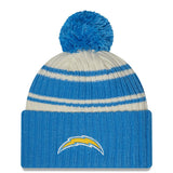 Men's Los Angeles Chargers New Era Cream/Powder Blue 2022 Sideline Sport Cuffed Pom Knit Hat
