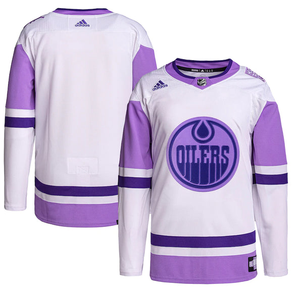 Men's Edmonton Oilers adidas White/Purple - Hockey Fights Cancer Primegreen Authentic Blank Jersey