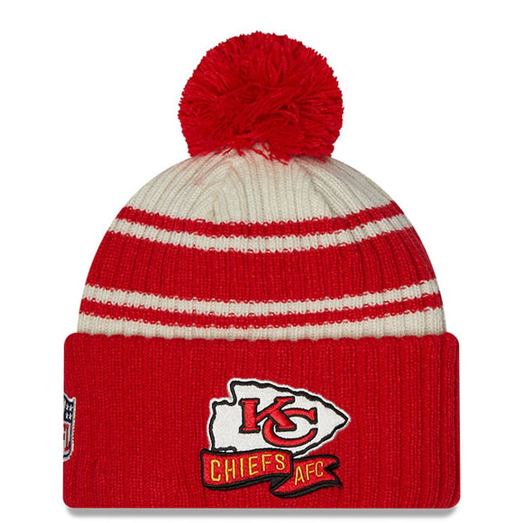 Men's Kansas City Chiefs New Era Cream/Red 2022 Sideline Sport Cuffed Pom Knit Hat