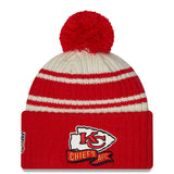 Men's Kansas City Chiefs New Era Cream/Red 2022 Sideline Sport Cuffed Pom Knit Hat