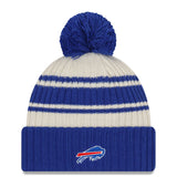 Men's Buffalo Bills New Era Cream/Royal 2022 Sideline Sport Cuffed Pom Knit Hat