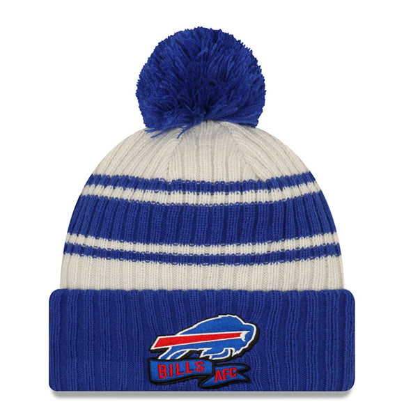 Youth Buffalo Bills New Era Cream/Royal 2022 Sideline Sport Cuffed Pom Knit Hat
