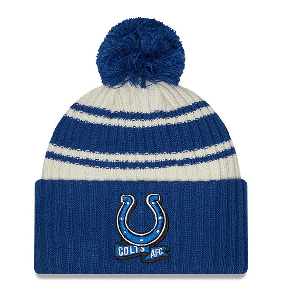 Men's Indianapolis Colts New Era Cream/Royal 2022 Sideline Sport Cuffed Pom Knit Hat