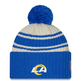 Men's Los Angeles Rams New Era Cream/Royal 2022 Sideline Sport Cuffed Pom Knit Hat
