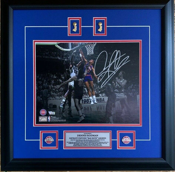 Dennis Rodman Detroit Pistons Autographed 11x14 Blocking Photo Framed Basketball