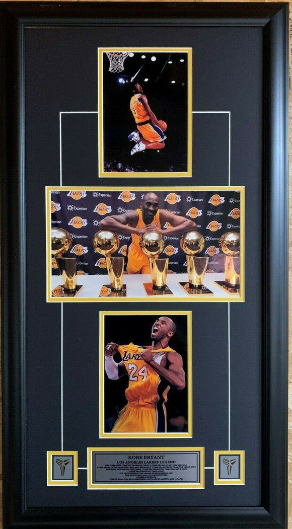 Los Angeles Lakers Legend Kobe Bryant 3 Picture Collage 19x35 Framed with Pins and Plate - Collage - Bleacher Bum Collectibles, Toronto Blue Jays, NHL , MLB, Toronto Maple Leafs, Hat, Cap, Jersey, Hoodie, T Shirt, NFL, NBA, Toronto Raptors