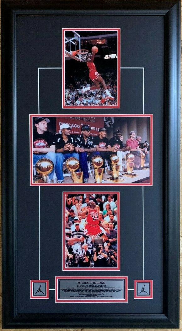 Chicago Bulls Legend Michael Jordan 3 Picture Collage 19x35 Framed with Pins and Plate - Collage - Bleacher Bum Collectibles, Toronto Blue Jays, NHL , MLB, Toronto Maple Leafs, Hat, Cap, Jersey, Hoodie, T Shirt, NFL, NBA, Toronto Raptors