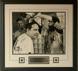 Yogi Berra New York Yankees & Ken Regan (Reporter) Autographed 16" x 20" Champagne Celebration Photo Framed with Plaque