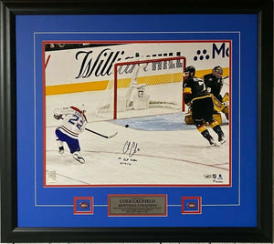 Cole Caufield Montreal Canadiens Framed Autographed 16" x 20" First Stanley Cup Playoffs Goal Photograph with "1st SCP Goal 6/14/21" Inscription