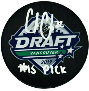 Cole Caufield Montreal Canadiens Fanatics Authentic Autographed 2019 NHL Draft Logo Hockey PuckWith "15th Pick" Inscription