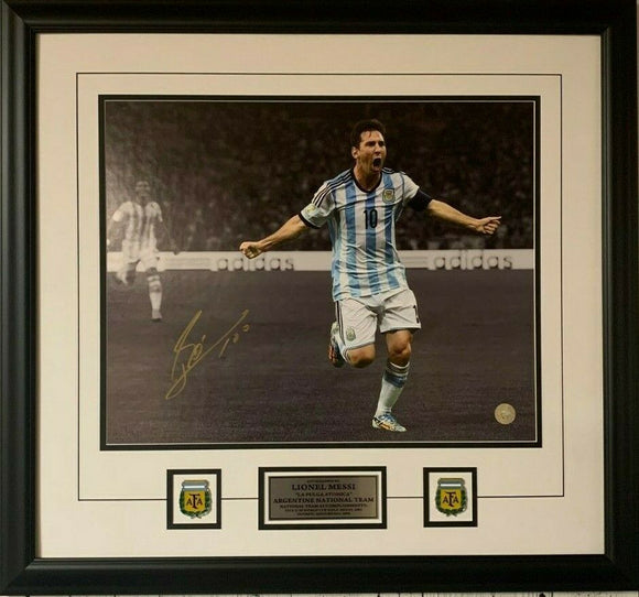 Lionel Messi Argentina National Team Autographed 16'' x 20'' Bicycle Kick Spotlight Framed Photograph - Signed in Gold