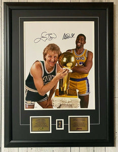 Larry Bird Magic Johnson Autographed 16" x 20" NBA Trophy Photograph - Framed Size 22x30