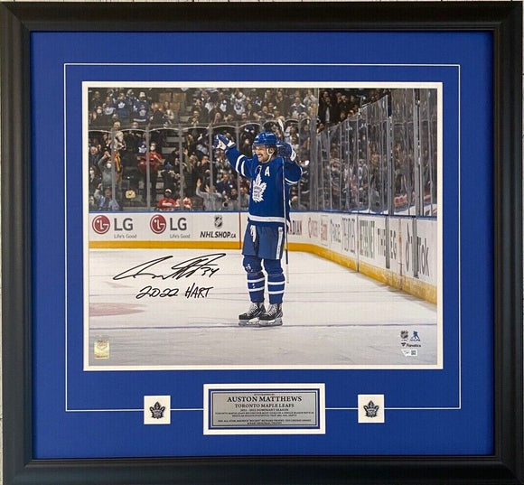 Auston Matthews Toronto Maple Leafs Autographed 16'' x 20'' 2022 Hart Trophy Winner Blue Jersey Celebration Photograph with ''2022 Hart'' Inscription - Framed