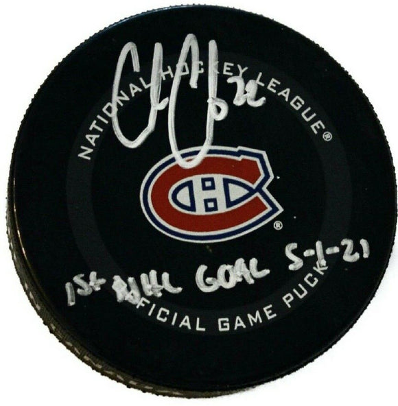 Cole Caufield Montreal Canadiens Fanatics Authentic Autographed Official Game Puck with ''1ST NHL GOAL 5/1/21'' Inscription
