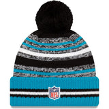 Men's Carolina Panthers New Era Black/Blue 2021 NFL Sideline Sport Official Pom Cuffed Knit Hat