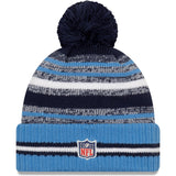 Men's New Era Navy/Light Blue Tennessee Titans 2021 NFL Sideline - Sport Official Pom Cuffed Knit Hat