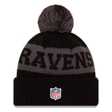 Men's Baltimore Ravens New Era Black/Graphite 2020 NFL Sideline Official Sport Pom Cuffed Knit Hat