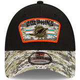 Men's Miami Dolphins New Era Black/Camo 2021 Salute To Service Trucker 9FORTY Snapback Adjustable Hat