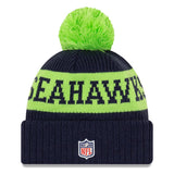 Men's Seattle Seahawks New Era College Navy/Neon Green 2020 NFL Sideline Official Sport Pom Cuffed Knit Hat