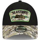 Men's Seattle Seahawks New Era Black/Camo 2021 Salute To Service Trucker 9FORTY Snapback Adjustable Hat
