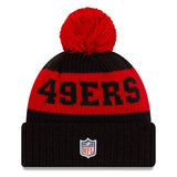 Men's San Francisco 49ers New Era Black/Scarlet 2020 NFL Sideline Official Sport Pom Cuffed Knit Hat