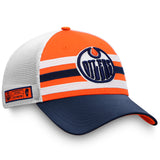 Youth Edmonton Oilers Fanatics Branded Orange/Navy 2020 NHL Draft - Authentic Pro Adjustable Trucker Hat