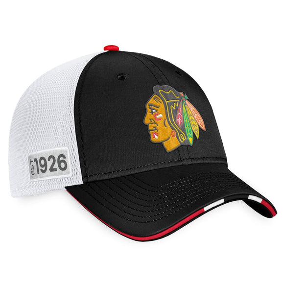Chicago Blackhawks Fanatics Branded 2022 NHL Draft Authentic Pro On Stage Trucker Adjustable Hat - Black/White