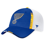 St. Louis Blues Fanatics Branded 2022 NHL Draft Authentic Pro On Stage Trucker Adjustable Hat - Blue/White