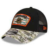 Men's Miami Dolphins New Era Black/Camo 2021 Salute To Service Trucker 9FORTY Snapback Adjustable Hat