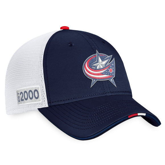 Men's Columbus Blue Jackets Fanatics Branded Navy/White 2022 NHL Draft Authentic Pro On Stage Trucker Adjustable Hat