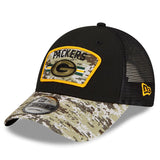 Men's Green Bay Packers New Era Black/Camo 2021 Salute To Service Trucker 9FORTY Snapback Adjustable Hat