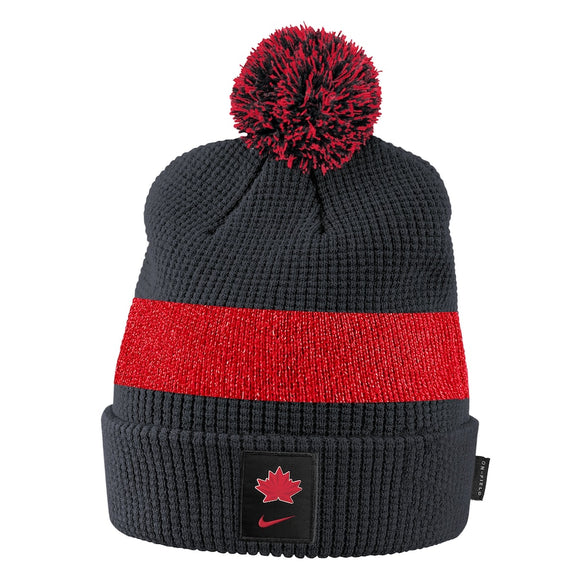Men's Nike Black/Red Hockey Canada 2022 Olympics Sideline Cuffed Pom Knit Hat