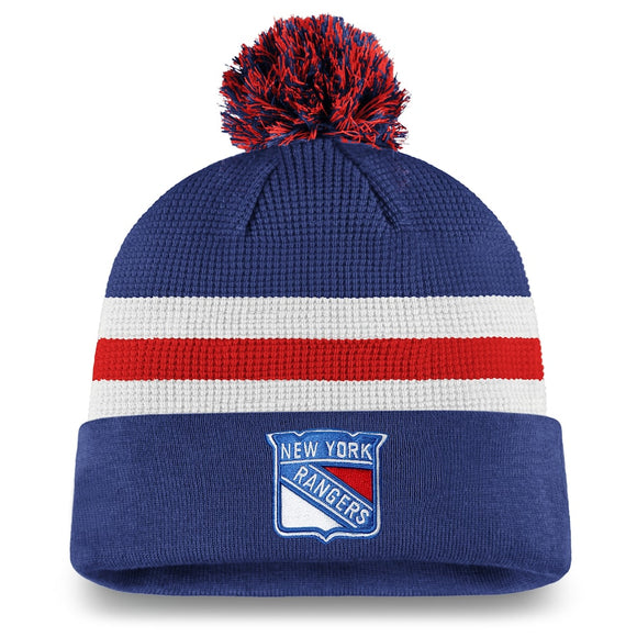 New York Rangers Fanatics Branded 2020 NHL Draft Authentic Pro Cuffed Pom Knit Hat - Blue/Red