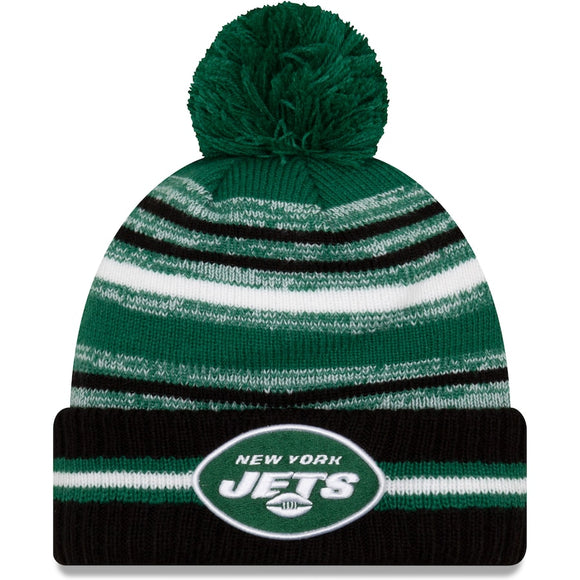 Men's New Era Green/Black New York Jets 2021 NFL Sideline - Sport Official Pom Cuffed Knit Hat