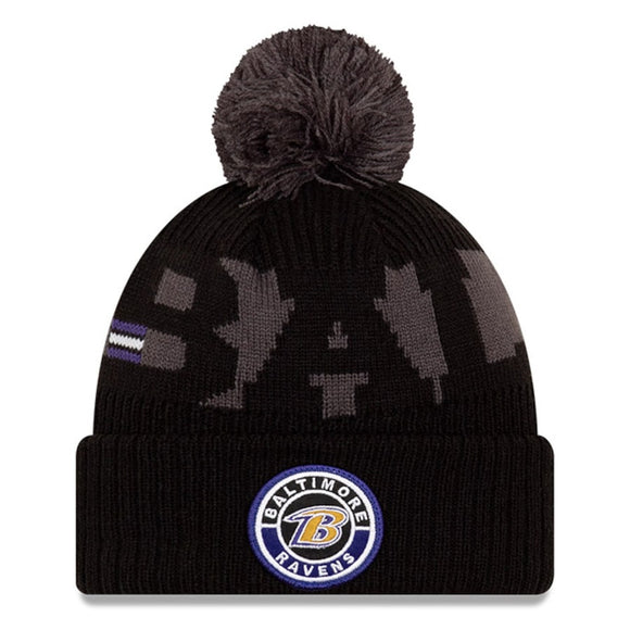 Men's Baltimore Ravens New Era Black/Graphite 2020 NFL Sideline Official Sport Pom Cuffed Knit Hat