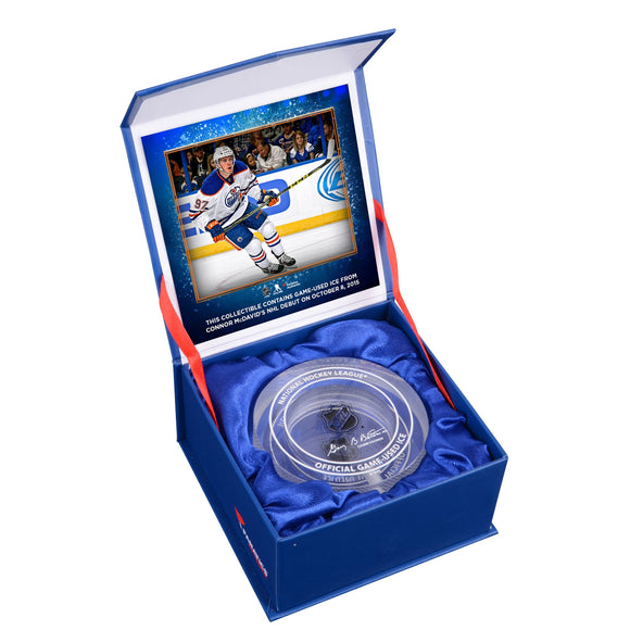 Connor McDavid Edmonton Oilers NHL Debut Crystal Puck - Filled With Ice From NHL Debut