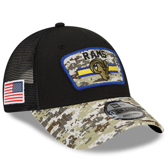 Men's Los Angeles Rams New Era Black/Camo 2021 Salute To Service Trucker 9FORTY Snapback Adjustable Hat