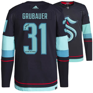 Philipp Grubauer Seattle Kraken Fanatics Authentic Autographed Deep Sea Blue adidas Authentic Jersey with "Release The Kraken" Inscription and Inaugural Season Jersey Patch