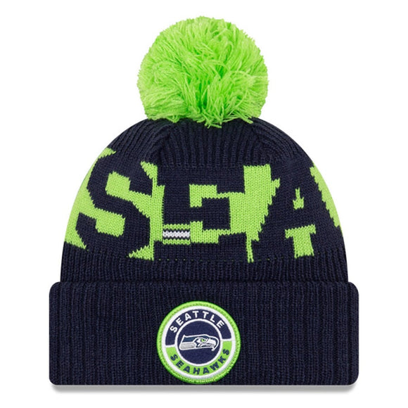 Men's Seattle Seahawks New Era College Navy/Neon Green 2020 NFL Sideline Official Sport Pom Cuffed Knit Hat
