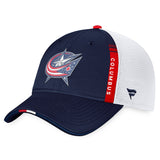 Men's Columbus Blue Jackets Fanatics Branded Navy/White 2022 NHL Draft Authentic Pro On Stage Trucker Adjustable Hat