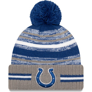 Men's New Era Royal/Gray Indianapolis Colts 2021 NFL Sideline - Sport Official Pom Cuffed Knit Hat