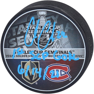 Cole Caufield Montreal Canadiens Autographed Round 3 vs. Vegas Golden Knights Matchup Hockey Puck with ''1ST SCP GOAL 6/14/21'' Inscription