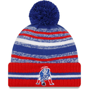 Men's New Era Royal/Red New England Patriots 2021 NFL Sideline Historic Pom Cuffed Knit Hat
