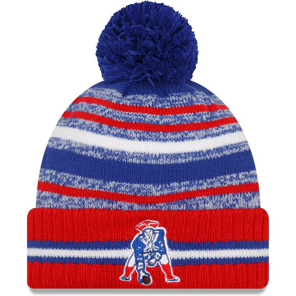 Men's New Era Royal/Red New England Patriots 2021 NFL Sideline Historic Pom Cuffed Knit Hat