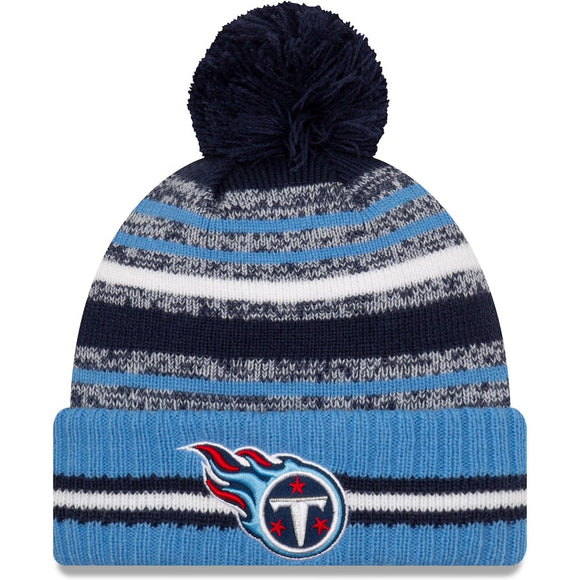 Men's New Era Navy/Light Blue Tennessee Titans 2021 NFL Sideline - Sport Official Pom Cuffed Knit Hat