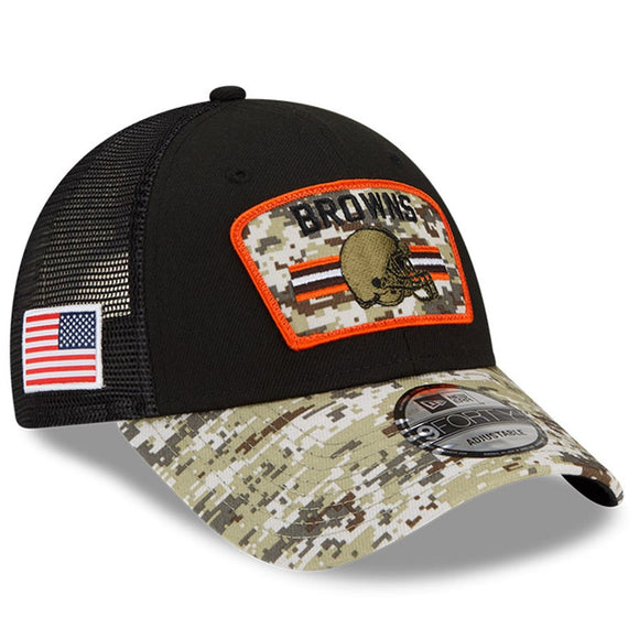 Men's Cleveland Browns New Era Black/Camo 2021 Salute To Service Trucker 9FORTY Snapback Adjustable Hat