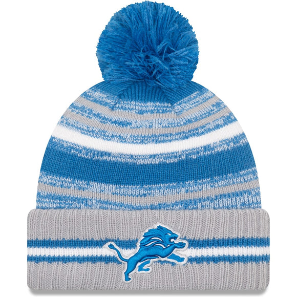 Men's Detroit Lions New Era Blue/Gray 2021 NFL Sideline Sport Official Pom Cuffed Knit Hat